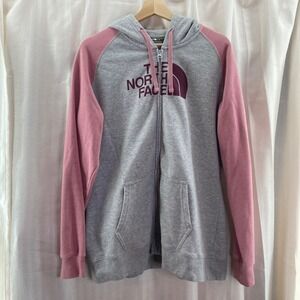The North Face Full Zip Hoodie Womens XL Gray Pink Raglan Sleeve Logo